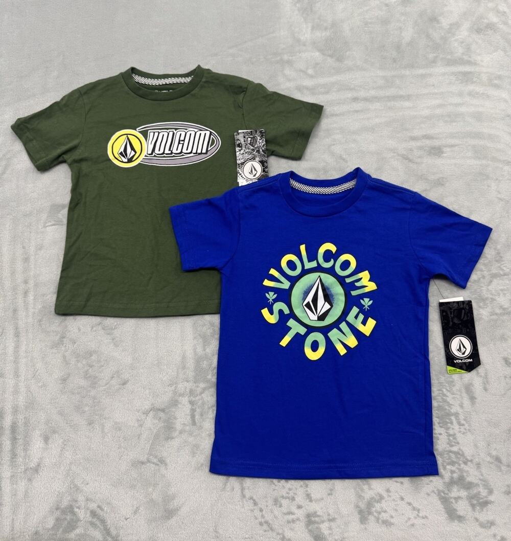 2 VOLCOM STONE Youth Boy's Size 4 Short Sleeve Skater T-shirts Blue & Green